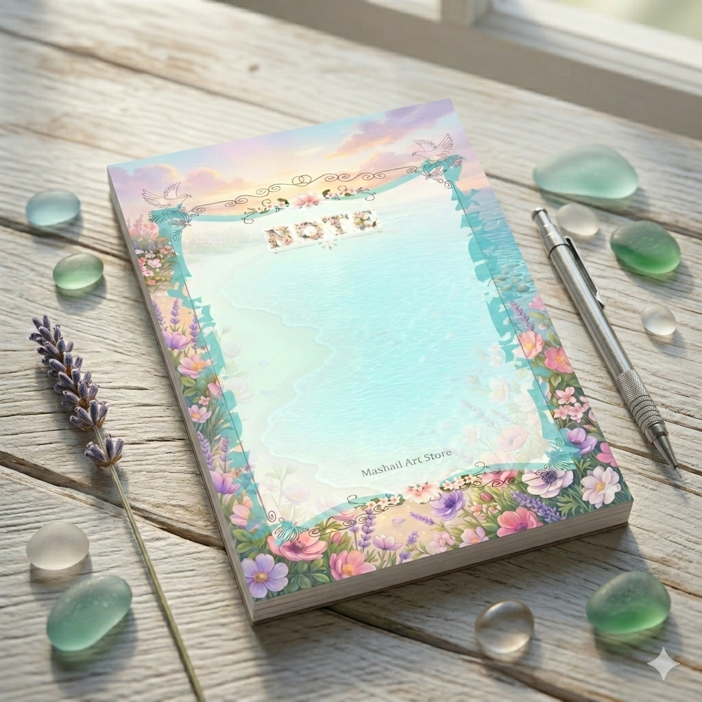 Floral notepad with 'NOTE' text on a wooden surface with decorative stones and a pen.