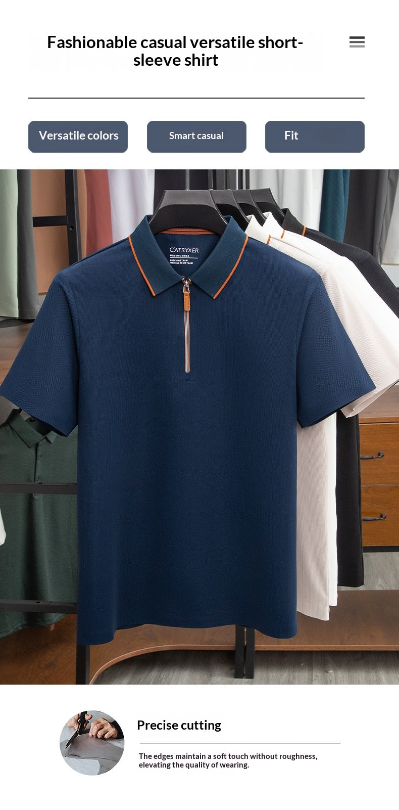 Blue short-sleeve shirt on a hanger with other shirts in the background, on a website page.