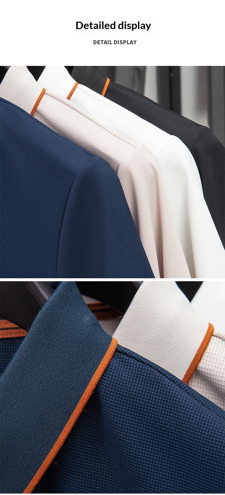 Close-up of navy, white, and black fabric with orange accents.
