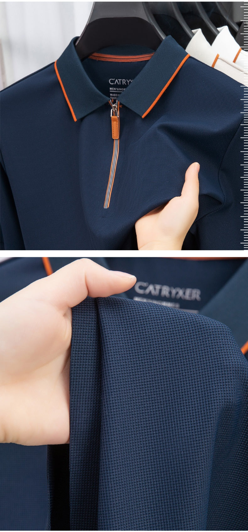 Navy polo shirt with orange accents and 'Catryxer' branding, held by a hand.