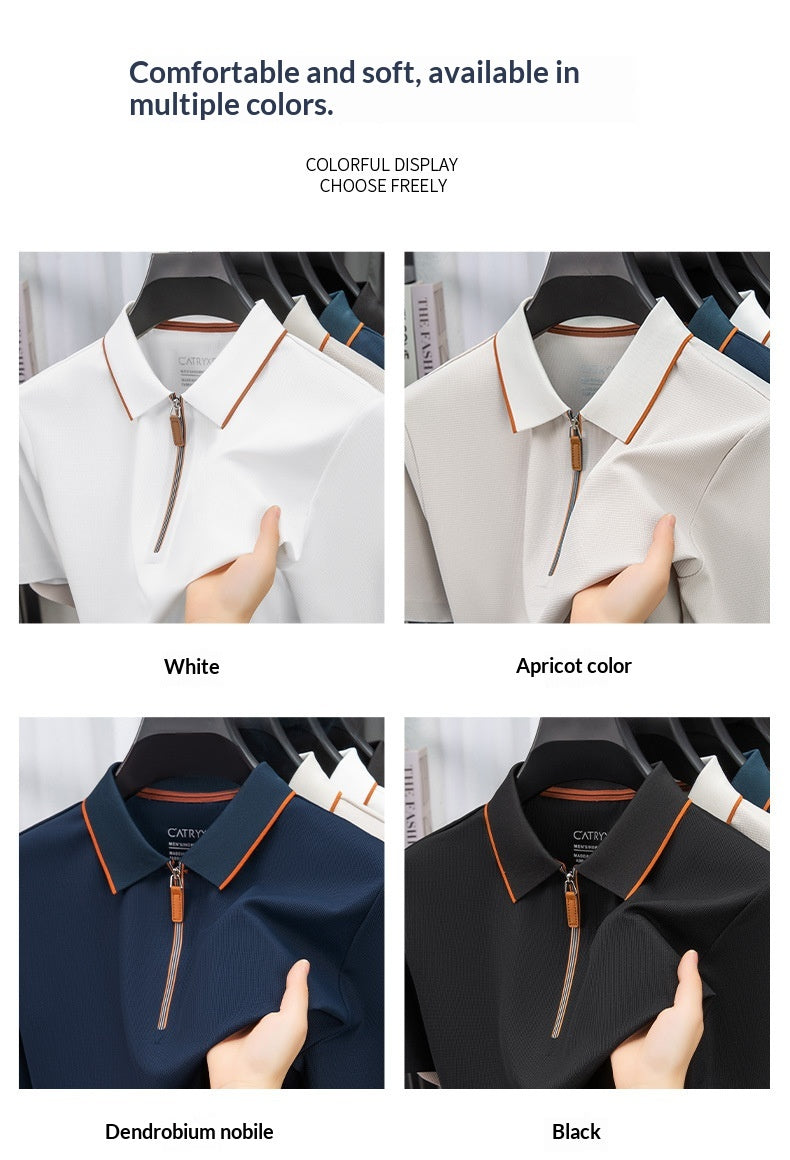 Display of shirts in white, apricot, Dendrobium nobile, and black with text about comfort and color options.