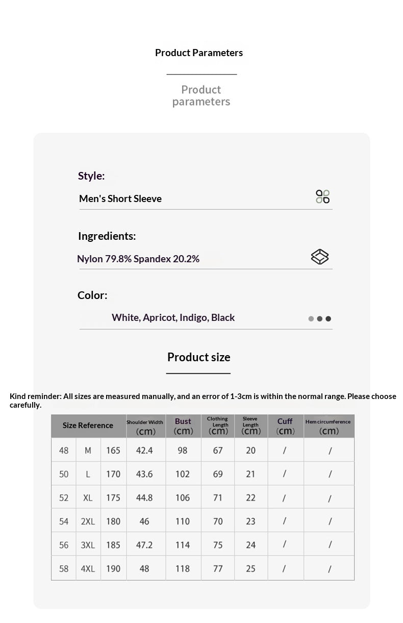 Product parameters and size chart for men's short sleeve clothing on a white background