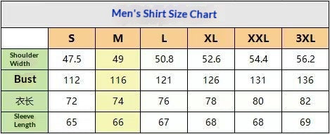Men's shirt size chart with shoulder width, bust, and sleeve length measurements.
