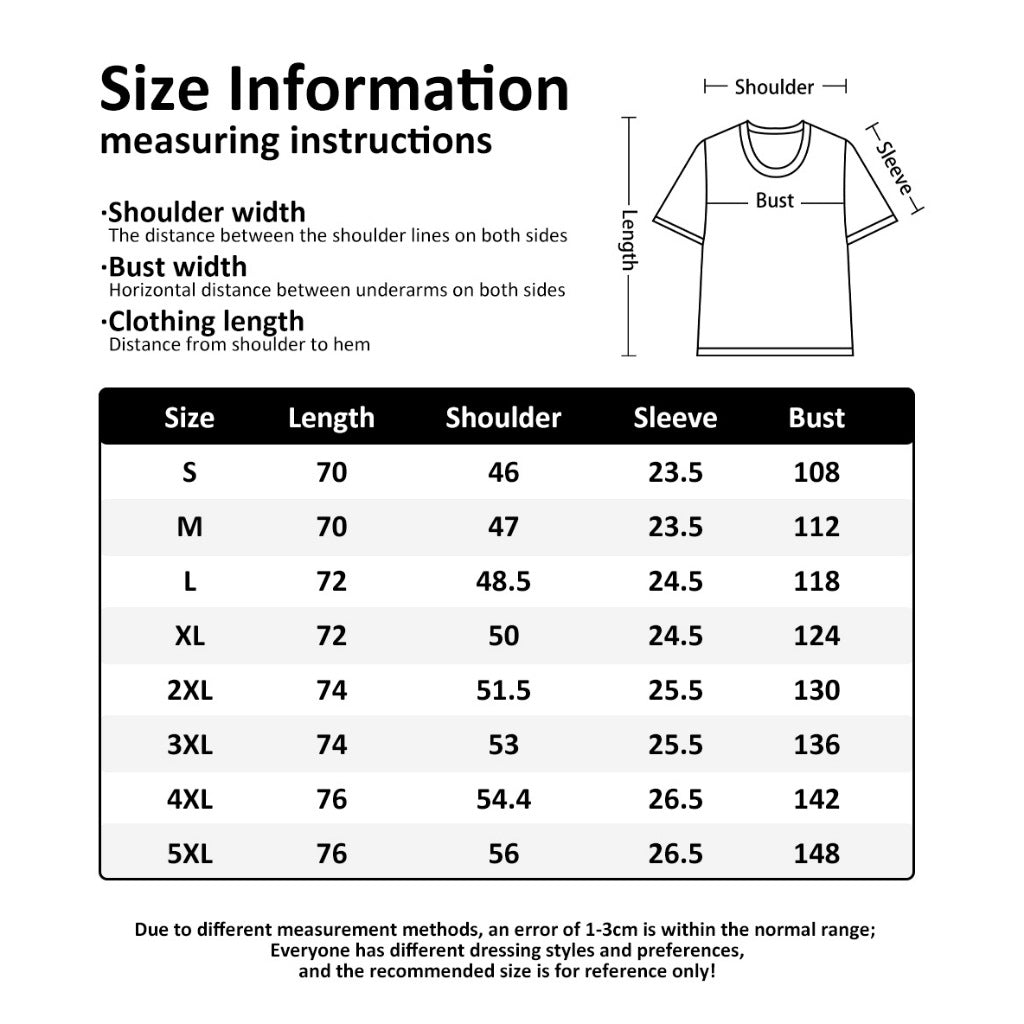 Size chart for t-shirts with measurement instructions and dimensions.