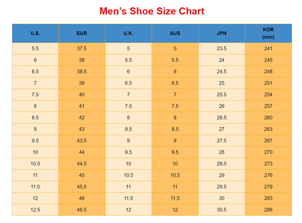 Men's shoe size chart comparing U.S., EUR, U.K., AUS, JPN, and KOR shoe sizes.