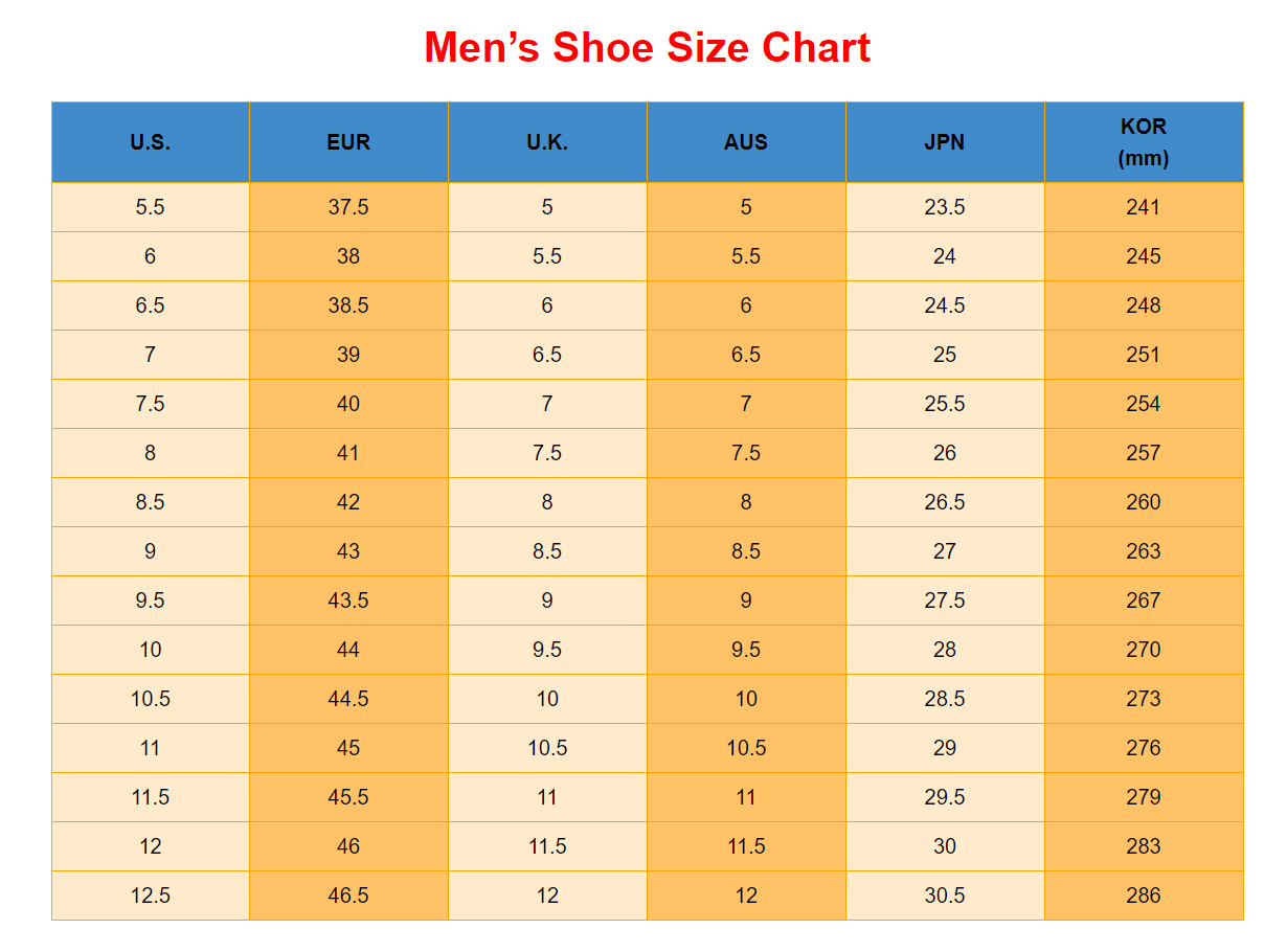 Men's shoe size chart comparing U.S., EUR, U.K., AUS, JPN, and KOR shoe sizes.